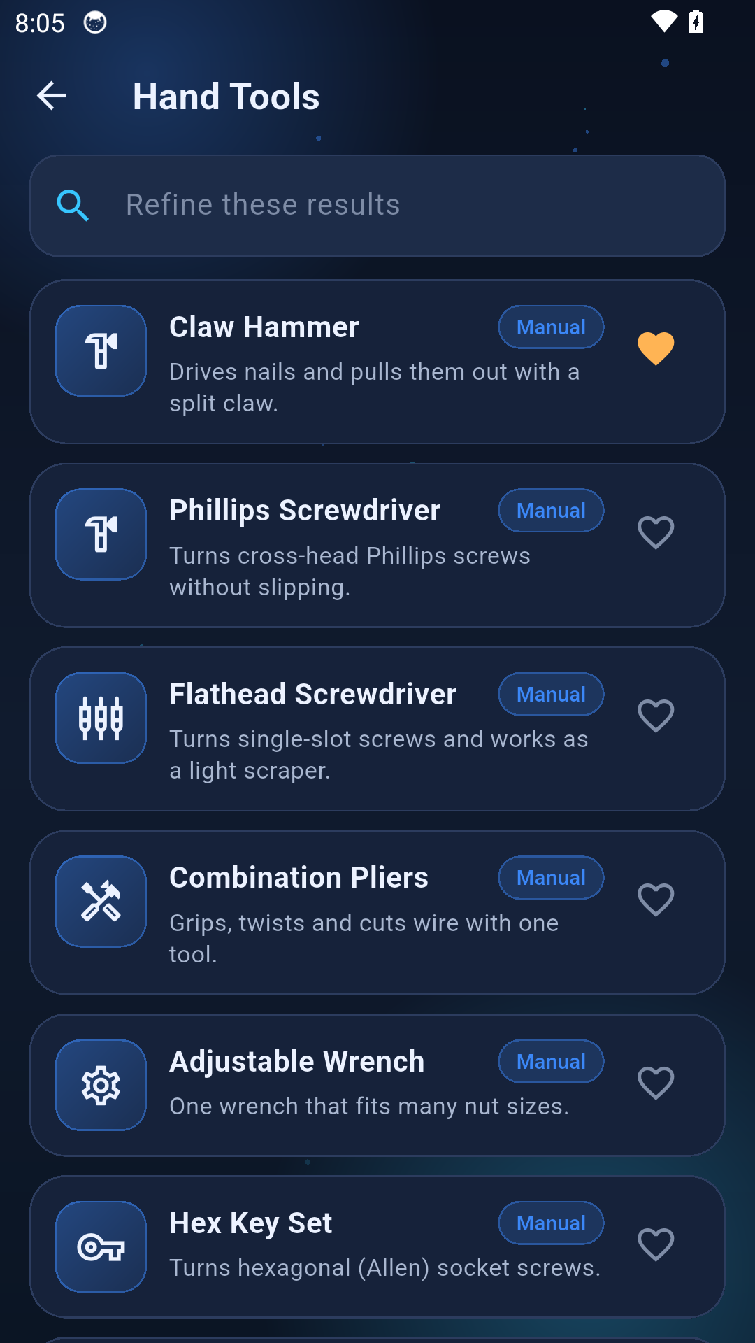 Hand Tools list screen